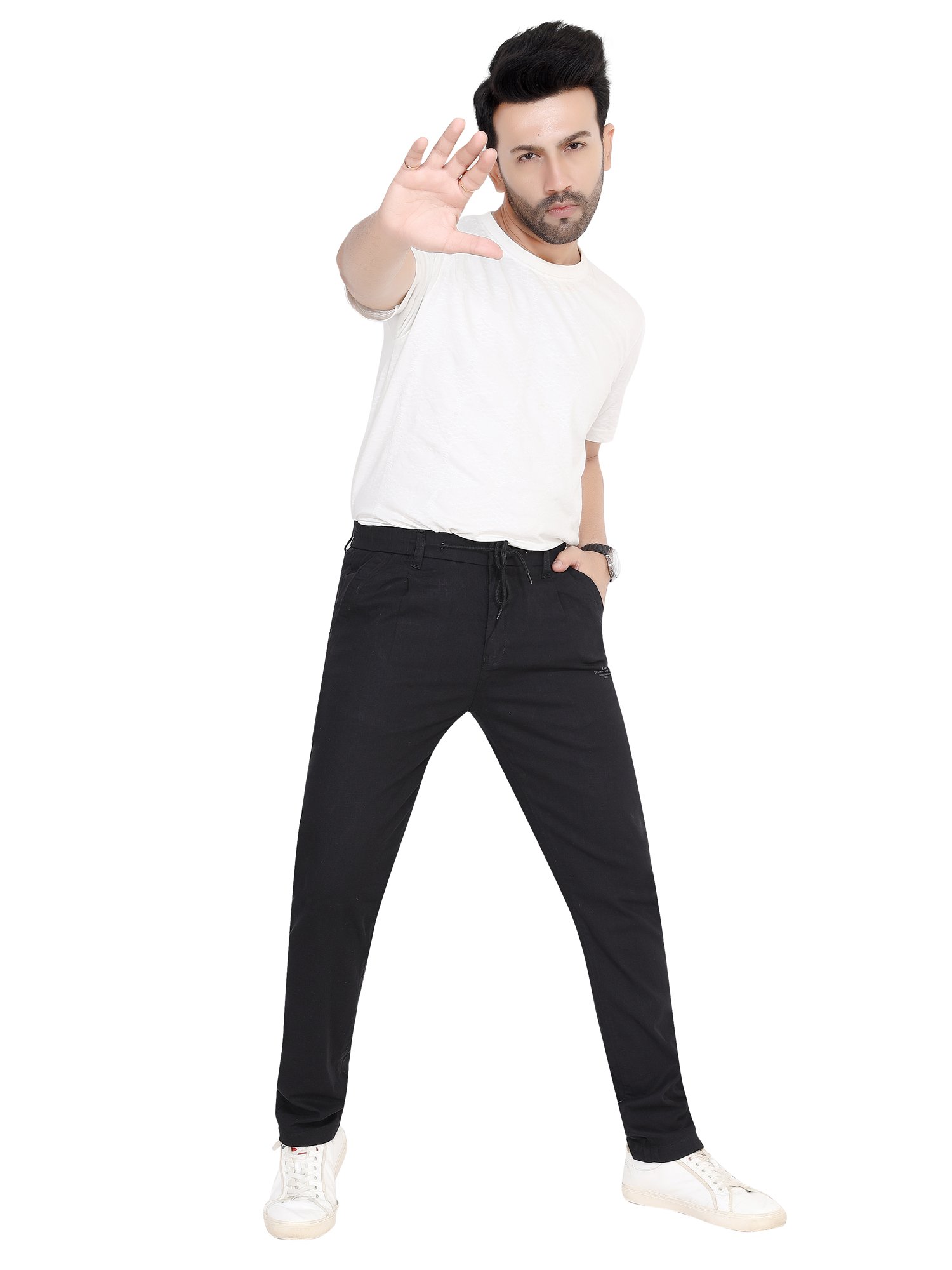 Men's Casual Cotton Jogger Pants, Black, Drawstring Waist, Side Pockets, Regular Fit, Everyday Wear